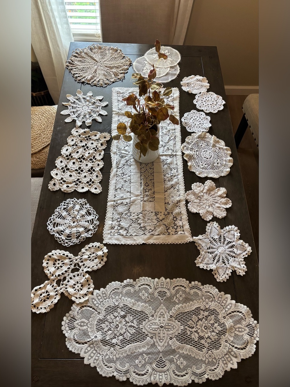 Vintage Handmadeq White Crochet Doily Table Runner and Accent Set